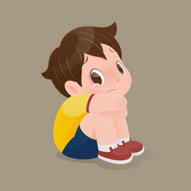 Resimde sarı bir gömlek oturan bir çocuk tek başına evde, gözyaşları, vektör tasarımı konseptiyle üzgün ile oturan çocuk karikatür yerde ağlıyor