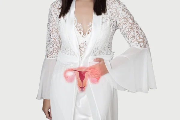 Woman White Silk Nightgown Lace Robe Uterus Pain Night People — Stock Photo, Image