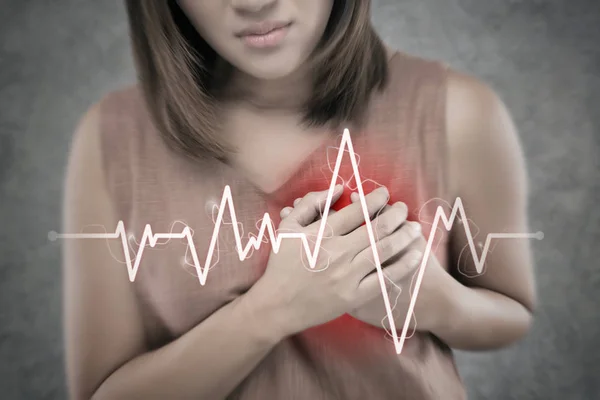 Asian Woman Suffering Chest Pain Cement Wall Background People Having — Stock Photo, Image