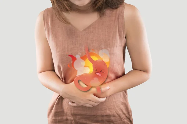 Beyaz Arka Plana Karşı Kadın Vücudu Karikatürü Asit Reflüsü Semptomları — Stok fotoğraf