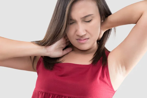 Portrait Asian Woman Red Shirt Who Having Pain Her Neck — Stock Photo, Image