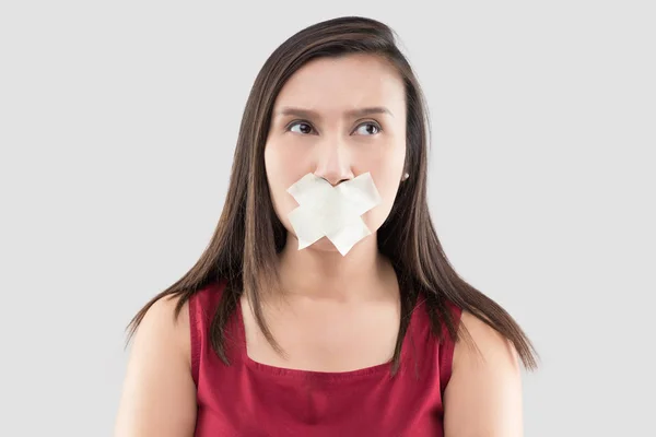 Asian Women Red Dresses Use Masking Tape Close Mouth Because — Stock Photo, Image