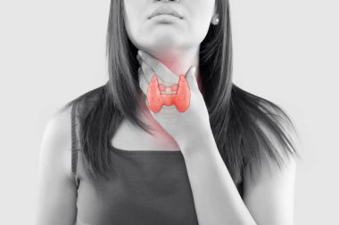 The illustration of the thyroid is on the woman throat, Human thyroid gland control. Sore throat of a people against a gray background. The concept of healthcare and medicine. clipart