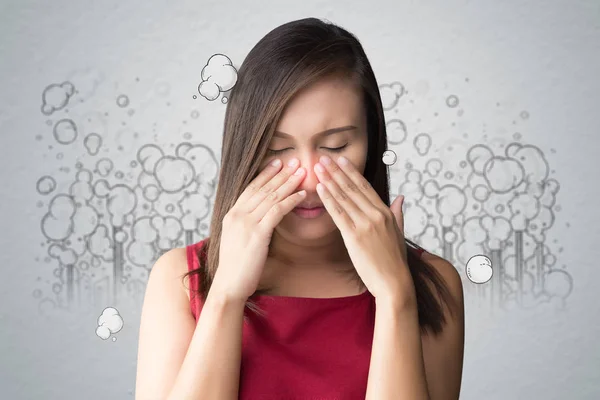 A woman in a red dress catches her nose because of a bad smell, Against toxic smoke cartoon background, Poor quality of life in the city, Quality of life of urban people