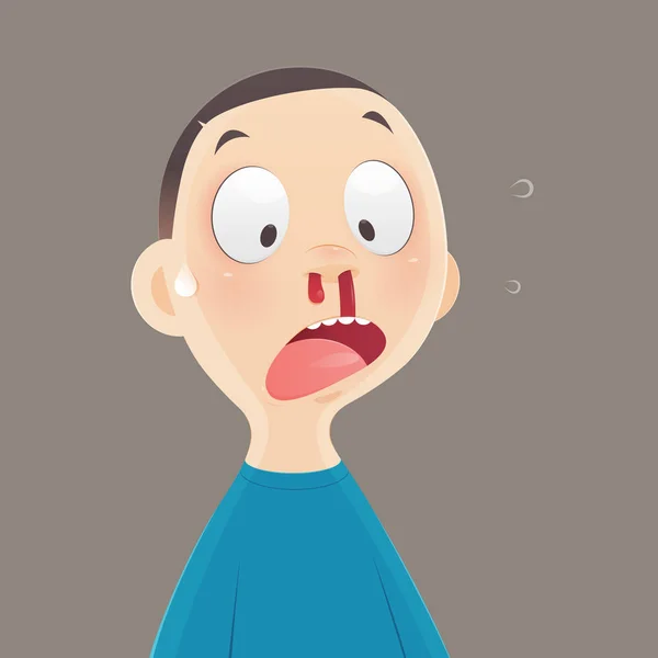 Hemorragia nasal, el chico de los dibujos animados está sangrando por la nariz . — Vector de stock