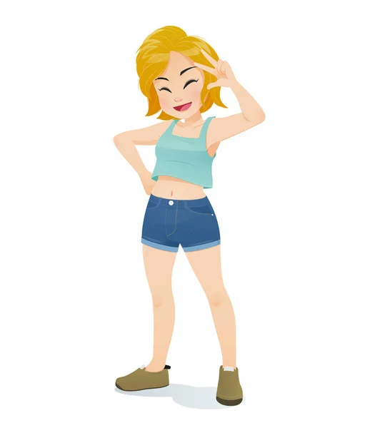 Vector illustration of the amusing cute girl having fun and holding two fingers. — Stock Vector