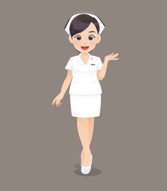 Kahverengi arka planda beyaz üniforma karikatür kadın doktor veya hemşire, gülümseyen kadın Hemşirelik personeli, karakter tasarımında vektör Illustration