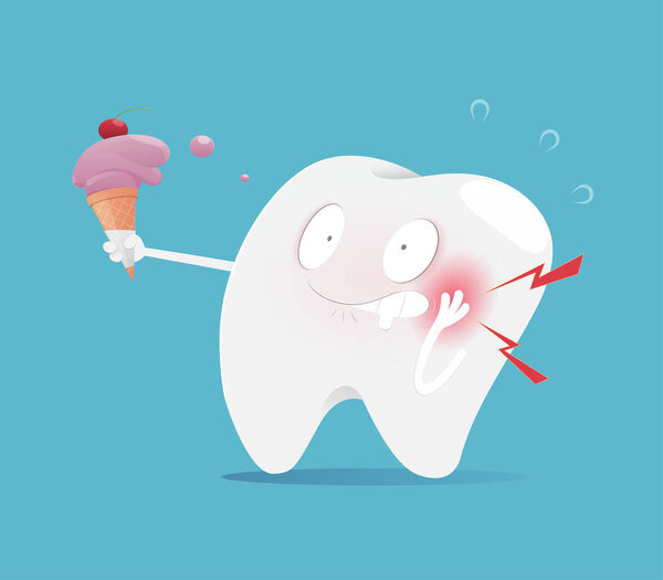Иллюстрационный зуб едят мороженое сделать чувствительные зубы, концепция со стоматологическим здоровьем, вектор и мультфильм
