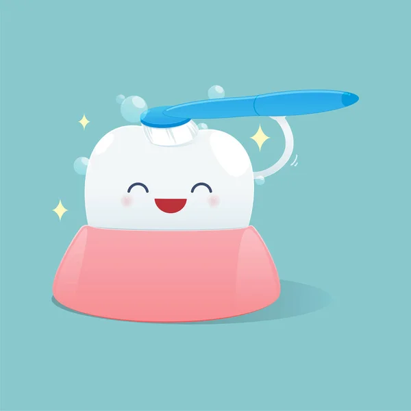 Dientes de dibujos animados sonrisa feliz y cepillar los dientes limpieza — Vector de stock