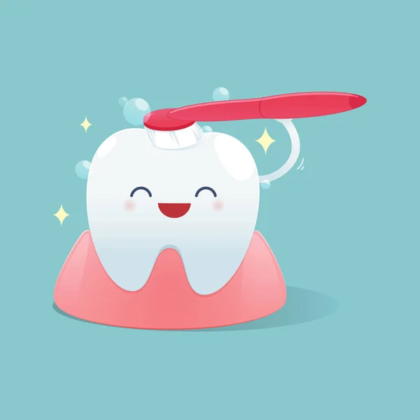 Bonito desenhos animados dentes sorriso feliz e escovar a limpeza dos dentes — Vetor de Stock