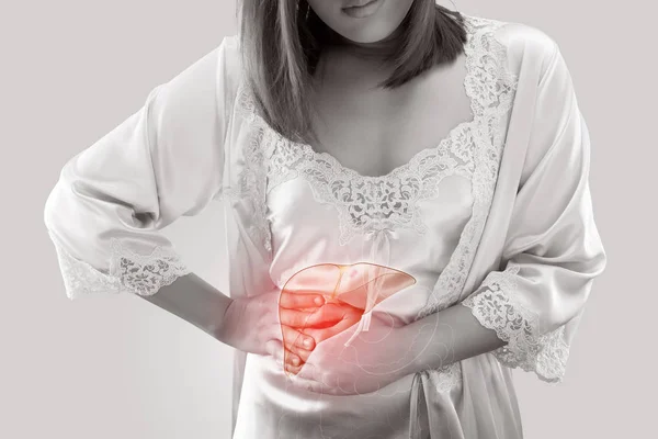 The Photo Of Liver On Woman's Body Against Gray Background — Stock Photo, Image