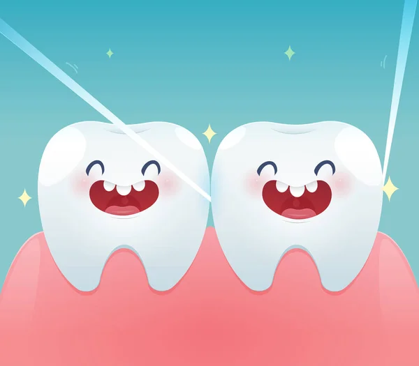 Δόντια κινουμένων σχεδίων με οδοντικό νήμα για υγειονομική περίθαλψη. — Διανυσματικό Αρχείο