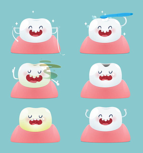 Set of cute little teeth on blue background