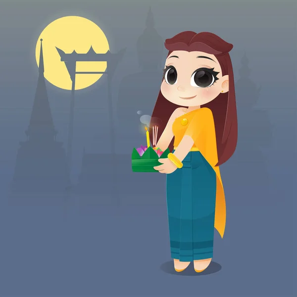 Femeia de desene animate cu Loy Krathong Festival — Vector de stoc