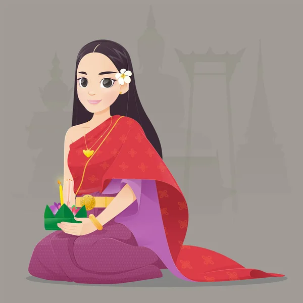 Mujer de dibujos animados con Loy Krathong Festival — Vector de stock