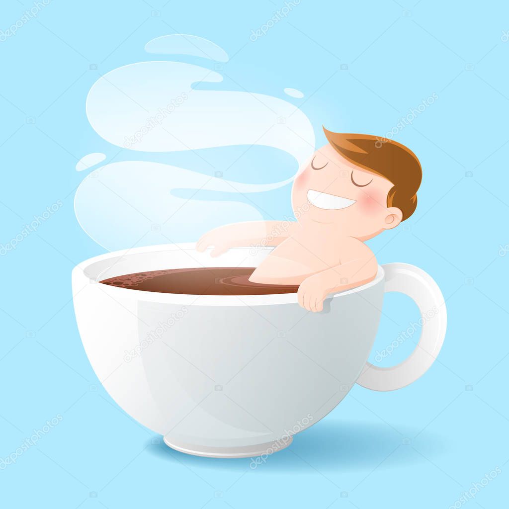 Good morning coffee cup,Concept with digital art drawing vector illustration about caffeine addiction men who bathe his love black coffee.