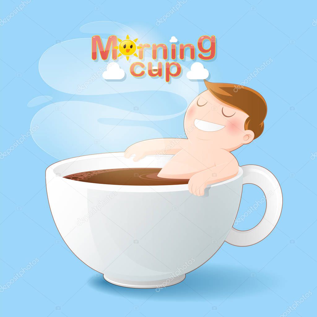 Good morning coffee cup, Concept with digital art drawing vector illustration about caffeine addiction men who bathe his love black coffee. Good morning or have a happy day message concept