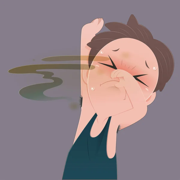 Man Wearing Green Vest Smelling His Bad Smell Wet Armpit — Stock Vector