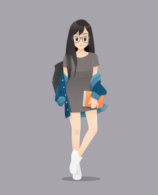 Okula geri dönmek, gülümseyen kız üniversite öğrencilerinin çizimi, kitap tutan gençlerin okula gitmesi..