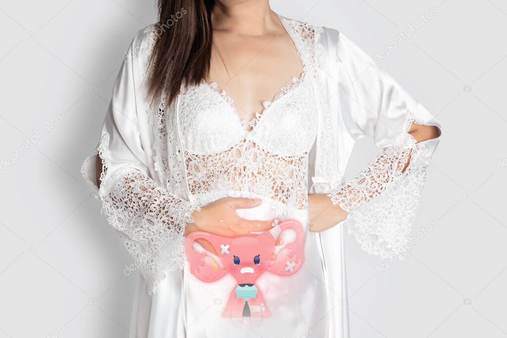 Uterine Diseases | Endometriosis, Woman in white silk nightgown and lace robe with uterus pain at night. People having belly ache. illustration of uterus is on the female body