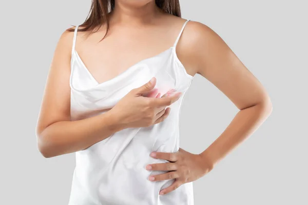 Woman Checks Breast Cancer Herself Gray Background Concept Medical Treatment — Stock Photo, Image