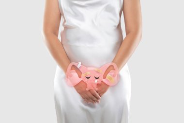 Illustration of the uterus is on the woman's body. Uterine Diseases. Endometriosis. People having belly ache clipart