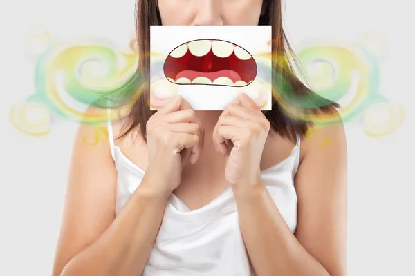 Woman Wearing White Dress Holding White Paper Open Mouth Cartoon — Stock Photo, Image