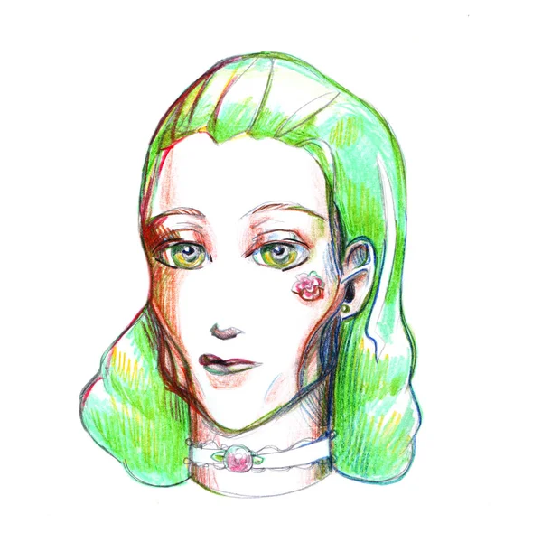 Girl Green Hair Drawing Picture Illustration Colored Pencils Simple Pencil — Stock Photo, Image