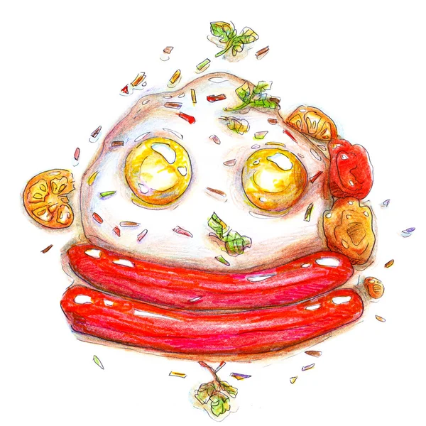 Frühstück Morgenei Priobyva Bazelik Mit Saucen Und Tomaten Buntstifte Zeichnung — Stockfoto