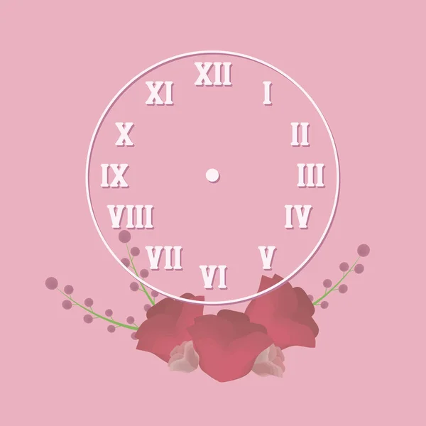 gölge romantik pembe kırmızı zemin üzerine beyaz anahat çiçekler ve bitkiler illüstrasyon vektör çizim basit çırpı retro Romen rakamları ile yuvarlak saat