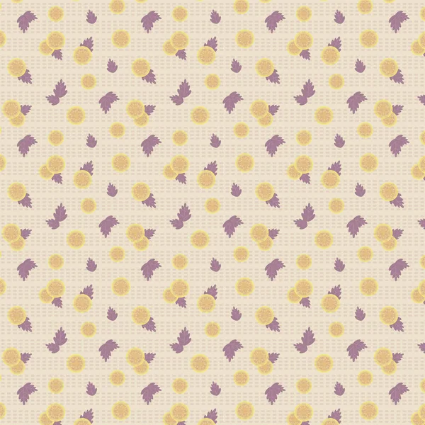 Светло Бежевая Бумага Маленькими Жёлтыми Помидорами Фиолетовым Приправленным Базиликовым Узором — стоковый вектор