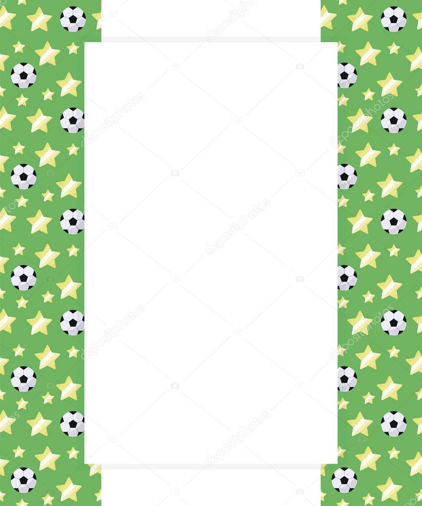 football children's sports reading and writing a letter with a blank space middle for writing text on the edges of a green field with a pattern with a soccer ball and yellow stars vector template.