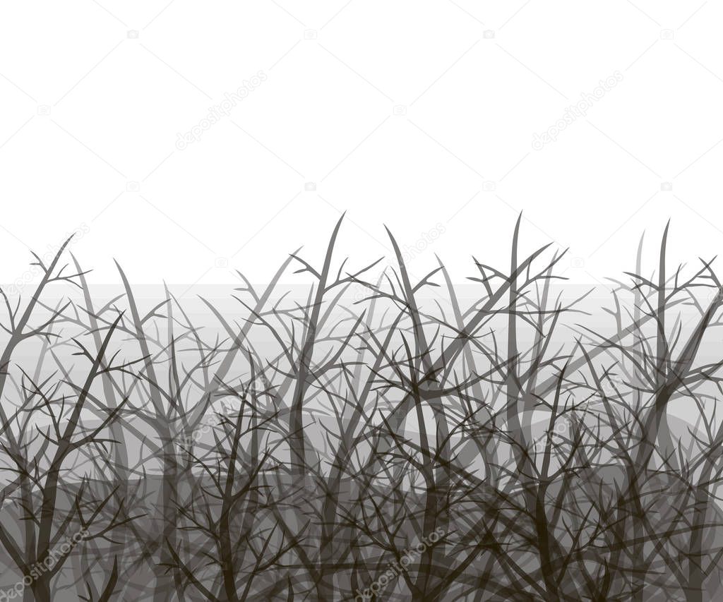 Crossed tree branches against a gray fog background vector depressed sad ray background isolated on a white background.