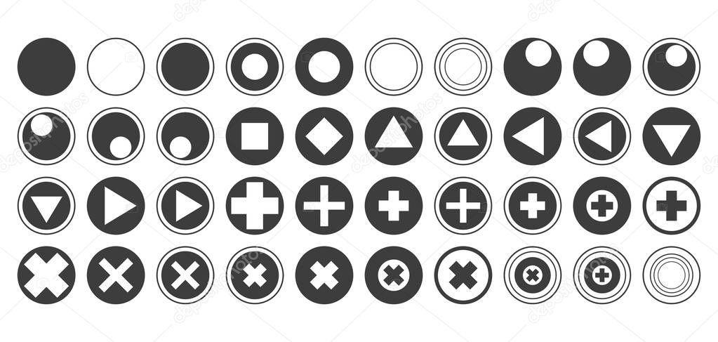 round vector buttons with triangle icons diamonds squares circles crosses black contours set of forty isolated on white background