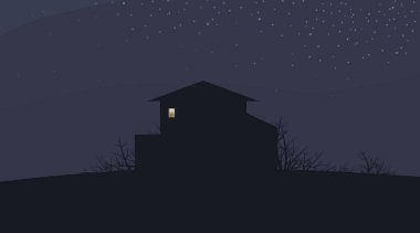 yıldız gece şirketten hill siyah anahat çalılar şube ve dikdörtgen kutu vektör çizim için parlak ışık ile karanlık mavi yatay manzara gökyüzü