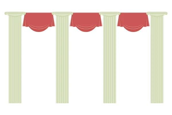 Quattro Colonne Classiche Luminoso Rosso Tenda Tessuto Isolato Sfondo Bianco — Vettoriale Stock