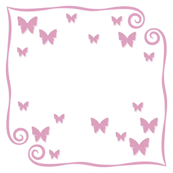 ピンク フレーム シンプル カール ベクトル イラストはがきページの背景と言って白い背景オブジェクト スペースで分離された正方形の影を持つピンクの蝶のスモール アウトライン — ストックベクタ