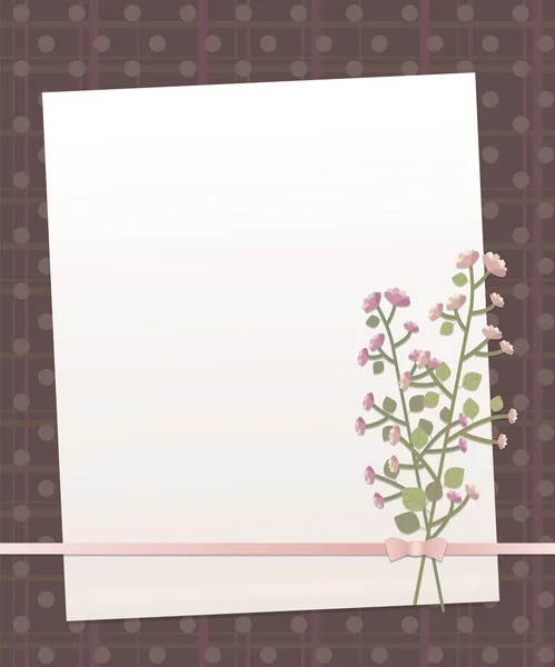 注垂直方向と水平方向のストライプと暗い茶色背景右レトロなベクトルに小さなピンクの花と丸い円マザーオブ パール ライン弓白書 — ストックベクタ