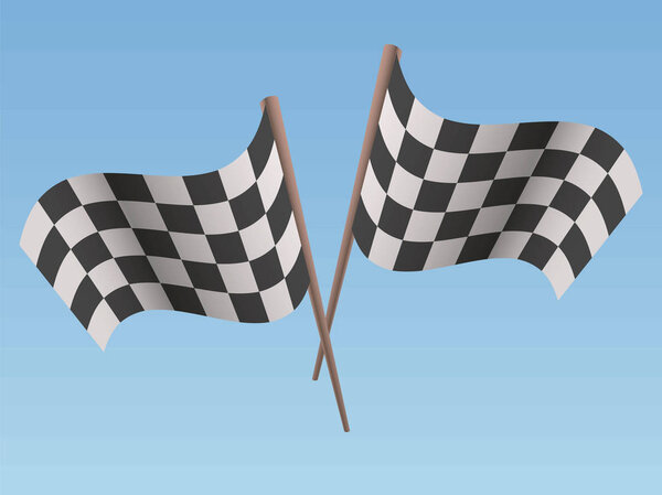 Two black and white racing sports crossed a flag with a shadow on a light sky background vector illustration.