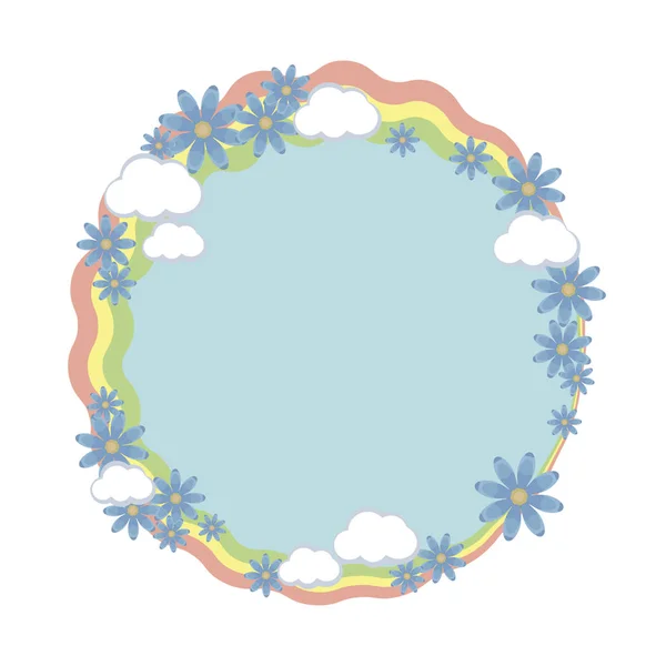 圆形框架花环彩虹条纹与花朵组成的白色背景下的白云矢量对象 — 图库矢量图片