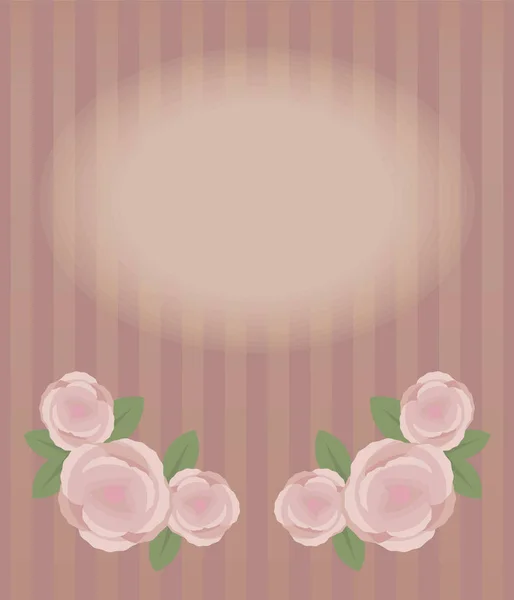 勃艮第条纹旧的复古矢量垂直卡 空白椭圆形区域为题字和图案的大尘土飞扬的粉红色玫瑰与绿叶 — 图库矢量图片
