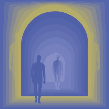 Mavi sarı kenarları kare vektör çizim üzerinde olan mavi tünel kapı arka plan üzerinde adam silüeti