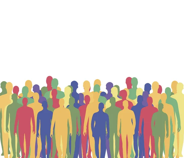 Crowd People Multi Colored Men Silhouettes Waiting Company Stands Bottom — Stock Vector