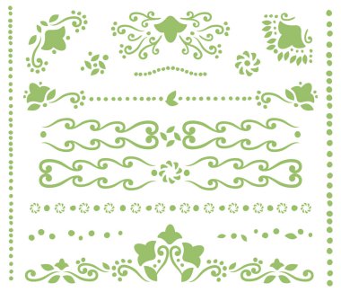 Çiçeklerin özetliyor ve beyaz arka plan üzerinde izole vektör nesneleri işaret eden yeşil ajur bölücüler için metin, kenarlıklar ve bukleler, köşesinden kümesi.