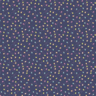 Bir mavi arka plan desenini bukleler ile uzun mor bir tel üzerinde çok renkli festival parlak pembe yeşil ışık ampuller ile sorunsuz süs vektör.