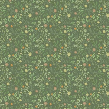 Vektör seamless modeli yaz çim ve yaprakları orangish kahverengi orman desen koyu yeşil zemin üzerine yeşil.