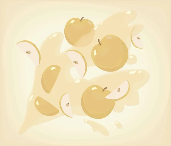 Жовті Шматочки Меду Круглі Яблука Летять Тлі Яблучного Жовтого Соку — стоковий вектор