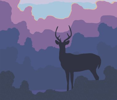 Bir geyik mavi orman ağaçları, Lila bulutlar akşam ve güneş vektör çizim ayarlama çerçevede bir mavi siluet.