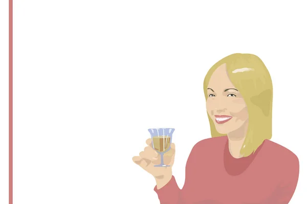 Chica Rubia Suéter Rojo Sonriendo Con Una Copa Vino Blanco — Archivo Imágenes Vectoriales