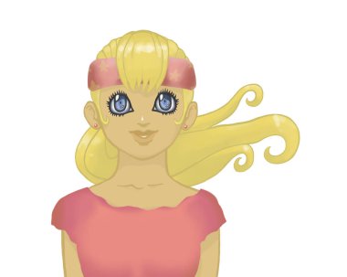 Pembe elbise ve beyaz arka plan üzerinde izole göğüs tarafından onun baş spor portre bir bandaj büyük mavi gözlü sarışın anime kız.